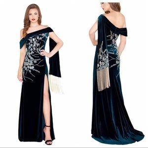 Emerald green velvet runway gown